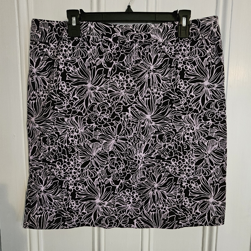 NWOT Talbots Women's 16 Petite Purple Black Floral Skirt Stretchy Straight